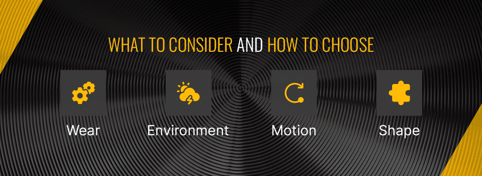 consider wear, environment, motion and shape